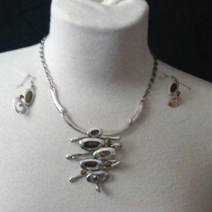 Abstract silver metal  and tiger eye color stones necklace and earring set